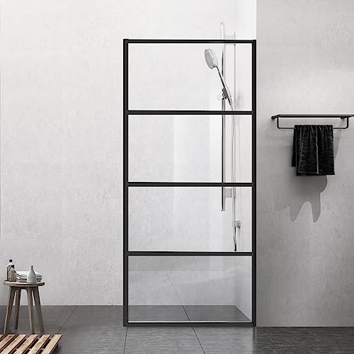 Shower Door Single Panel H-Type, Framed Tempered Glass Shower Door 34W*76L Inch for Walk-in Bathroom, 5/16” (8mm) Thick Clear Transparent Glass Bathtub Shower Door Matte Black Finish