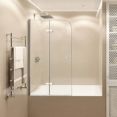 SIEPUNK Folding Glass Shower Doors for Bathtub, 36 in. W x 55 in. H Pivot Frameless Tub Shower Door, Tempered Glass Shower Panel Screen, Chrome