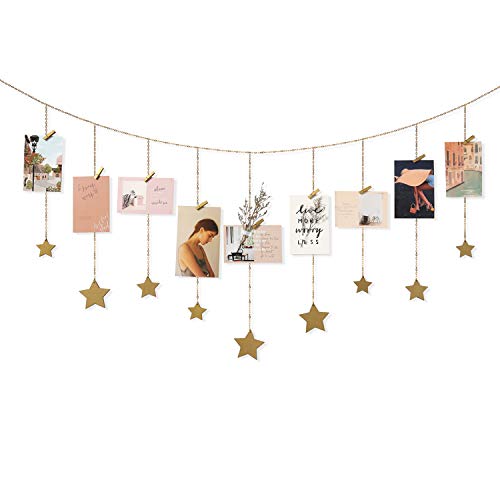 Mkono Hanging Photo Display Boho Decor Wooden Stars Garland with Metal Chains Picture Frame Collage with 25 Wood Clips Teen Girl Room Christmas Wall Art for Bedroom Nursery Dorm Home, Gold