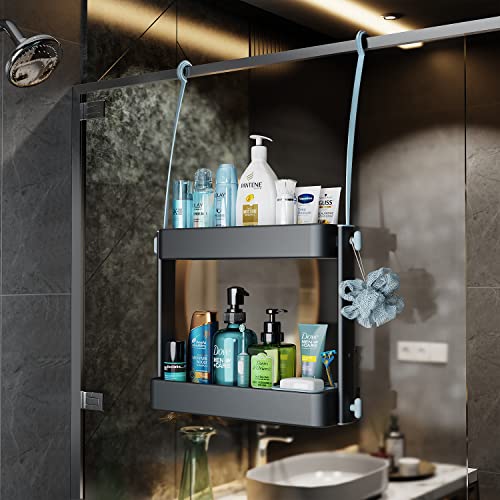 ADOVEL Shower Caddy Hanging, 2 in 1 Shower Caddy Over Shower Head/Door, Sturdy Bathroom Shelf Organizer with Adjustable Height, No Rust, No Drilling, 4 Suction Cups for Bathroom Storage (Black)
